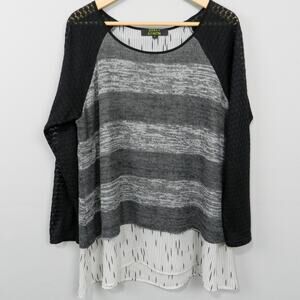 Poeme by Citron Layered Stripe Pullover Sweater Size L Gray Cream‎ Raglan FLAW